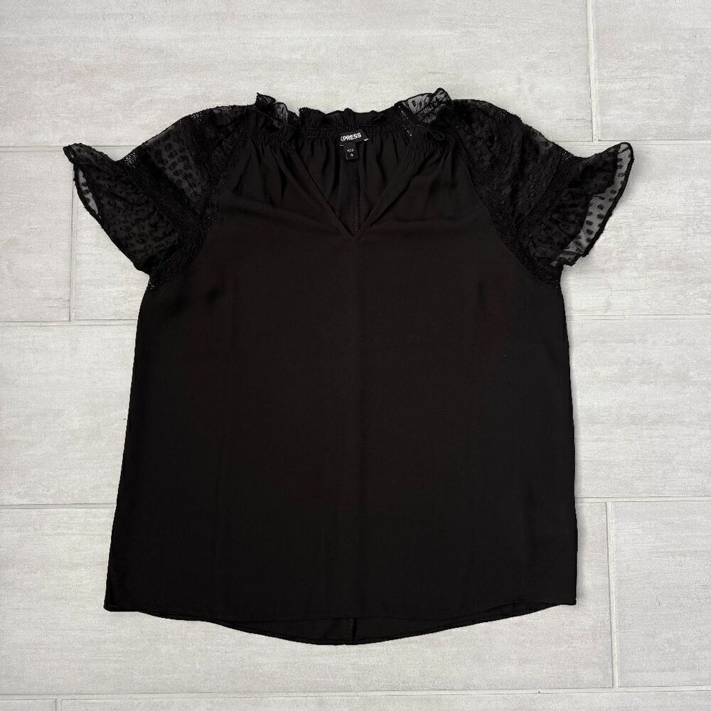 Express Blouse Black Top Short Sleeve Georgette Lace V Neck Small Ruffled Shirt